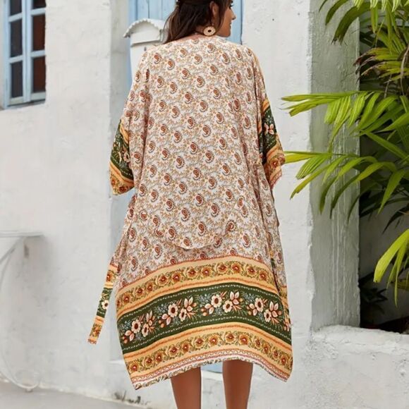 NEW! PLUS Size Boho Pattern Floral Long Belted Kimono Cover Up Beach Bohemian - Picture 3 of 7